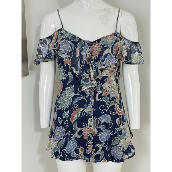 Maeve Anthropologie Womens Size 2 Blue Floral Off Shoulder Ruffle Blouse Top - Image 2