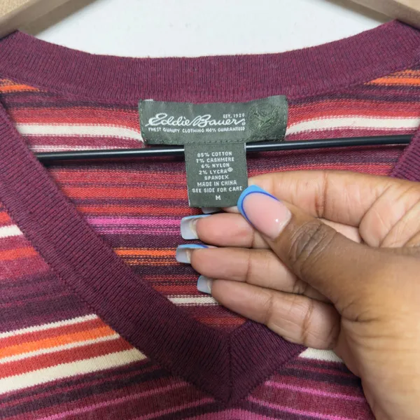Eddie Bauer Women Cotton Cashmere Sweater Medium Burgundy Striped Retro‎ Indie - Image 3
