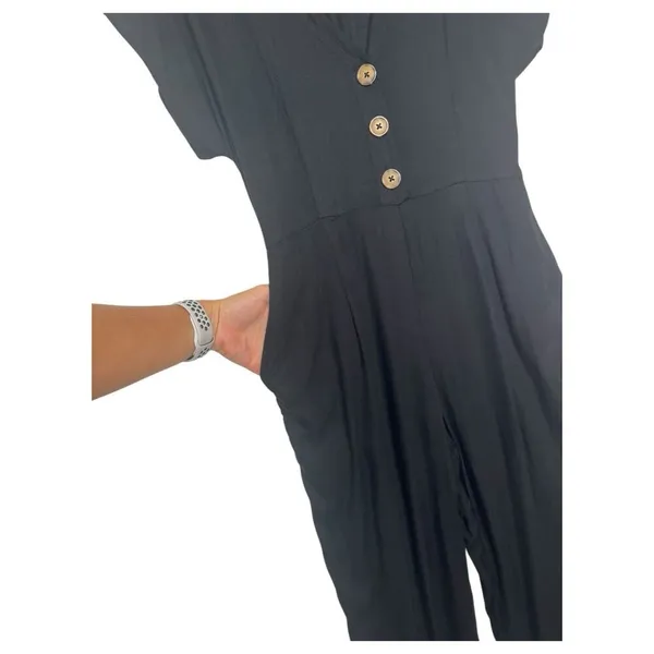 Abercrombie Fitch Jumpsuit Womens XS Lightweight V Neck Short Sleeve Pockets Blk - Image 5