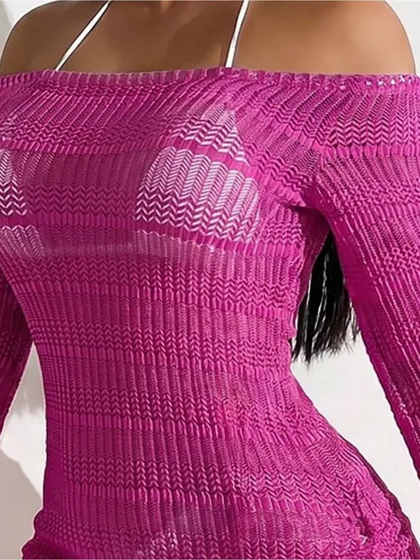 SheIn Off-Shoulder Fuchsia Knit Beach Cover-Up Dress - Image 3