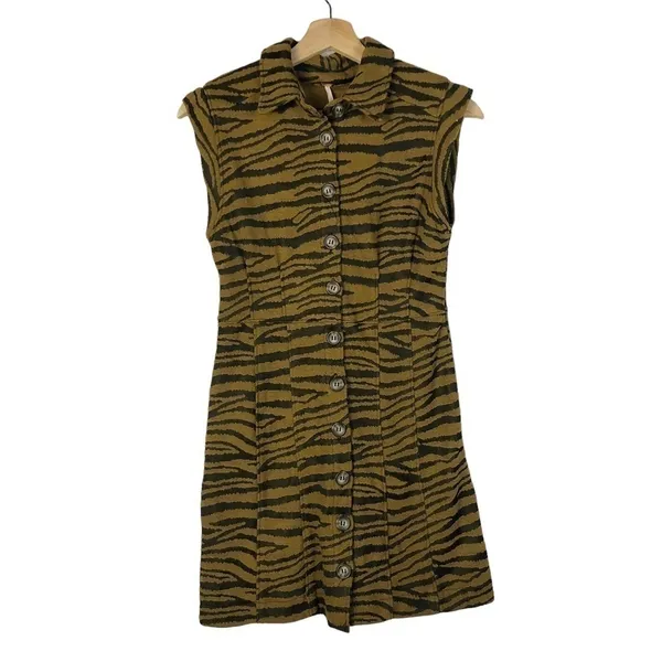Free People Us and Them Olive Green Animal Print Mini Dress XS‎ - Image 3