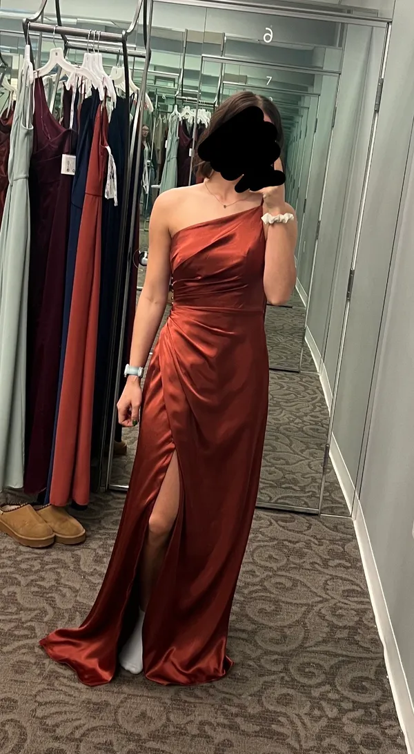 David's Bridal Charmeuse Draped One-Shoulder Bridesmaid Dress - Image 2