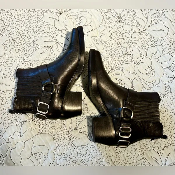Sam Edelman Bellamie Black Leather Moto Harness Ankle Boots Block Heel Sz 6 💛 - Image 6