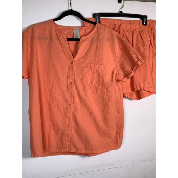 Serra Pajama Set Women’s M Coral 100% Cotton Button Top Shorts Seersucker - Image 4