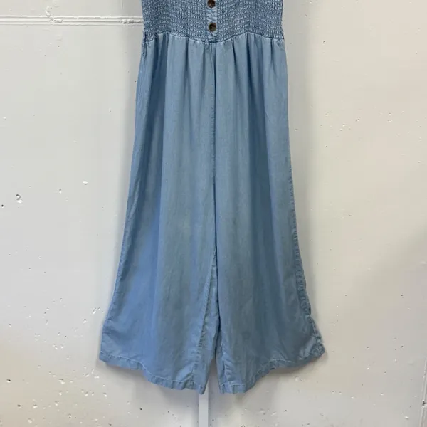 Love Tree Blue Tencel Smocked Wide Leg Jumpsuit Womens Medium 3487RM Pocketed - Image 4