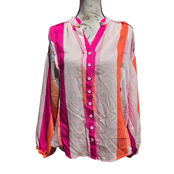 Fate Womens Pink Orange Striped Button Down Balloon Sleeve Blouse FT23201 Small - Image 2