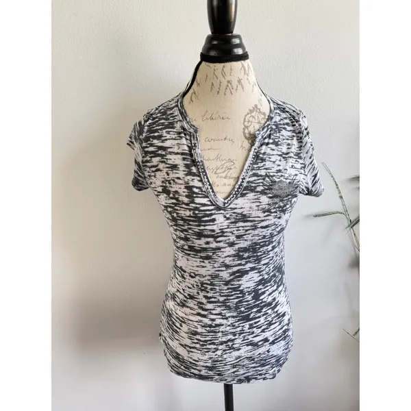 Harley Davidson Womens Black White Space Dye Burnout Graphic V-Neck Tee‎ Sz S - Image 4