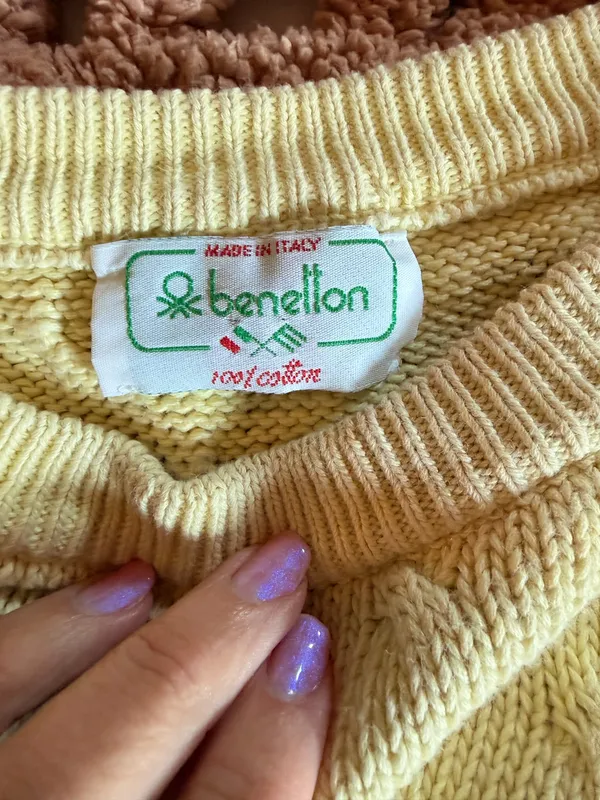 Benetton Vintage Made in Italy Cable Knit 100% Cotton Sweater Butter Yellow Crewneck - Image 2