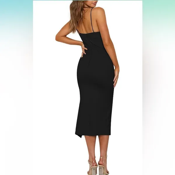 LYANER Women Spaghetti Straps Split Hem Sleeveless Zipper Bodycon Midi Dress XS - Image 2