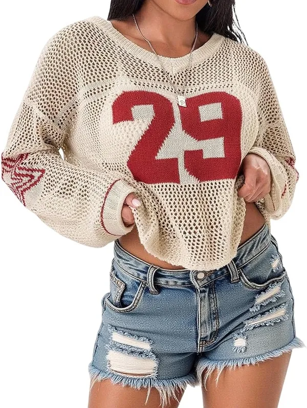 Y2k Graphic Oversized Crochet Jersey Shirt V Neck Long Sleeve Knit Pullover S - Image 2