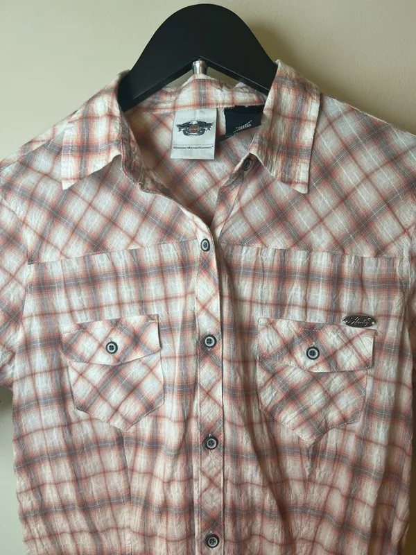 Harley Davidson Corset Back Plaid Shirt‎ Small Pink Spellout Logo Fitted - Image 5