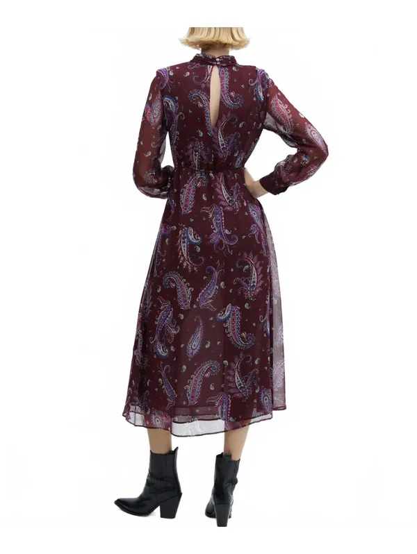 Mango Long Sleeve Flowy Paisley-Print Dress Midi Sandy Maroon NWT Size 2/XS - Image 4