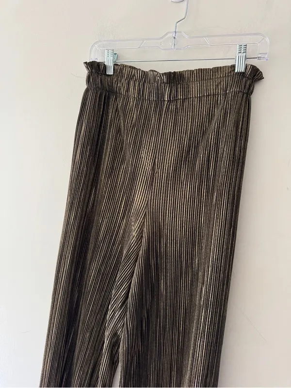 Zara Ribbed Gold Metallic Shimmer Elastic Waist Pull‎ On Pants - Image 3