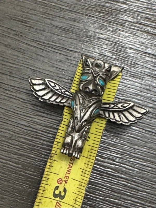 Vtg 70's MCM Stainless Steel Western Native Bird Totem Faux Turquoise Pendant - Image 6