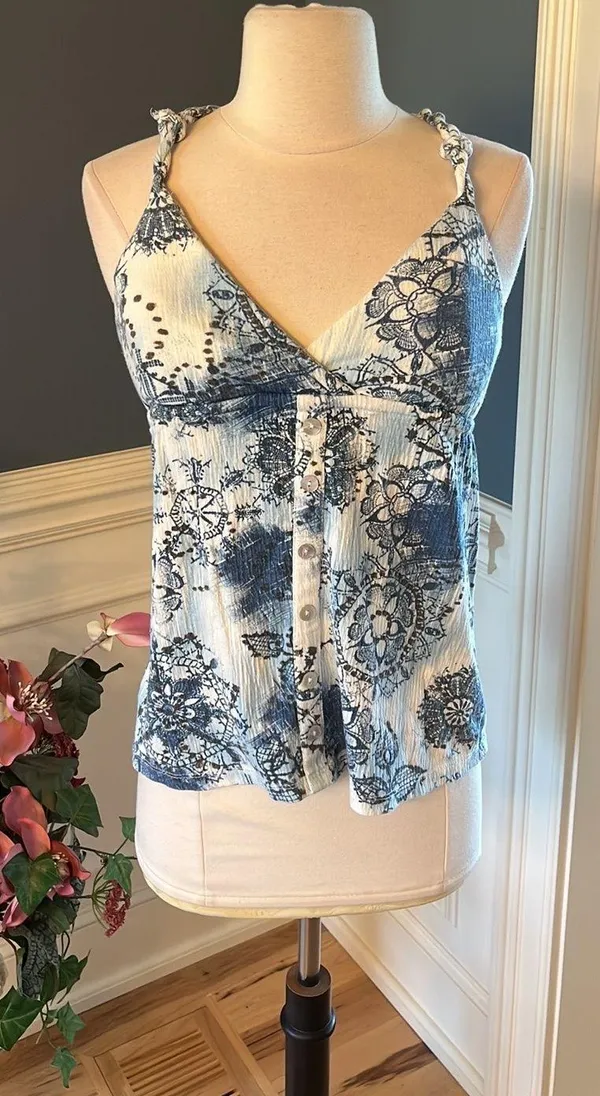 Self Esteem Tank Blue White Print Peplum Shirt Cotton Blend Medium - Image 3
