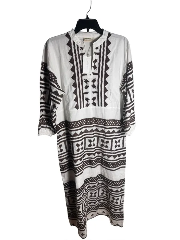 Julia Amory Brown & White Embroidered Scalloped Hem Maxi Caftan Dress XL NWT - Image 4