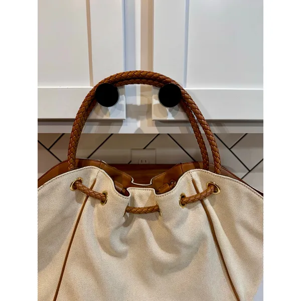 Michael Kors Montauk canvas shoulder bag cream fabric brown leather handles Y2K - Image 3