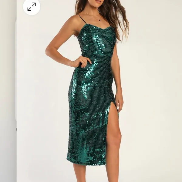 Lulus Striking Sweetheart Emerald Green Sequin Slit Sleeveless Midi Dress‎ LARGE - Image 3