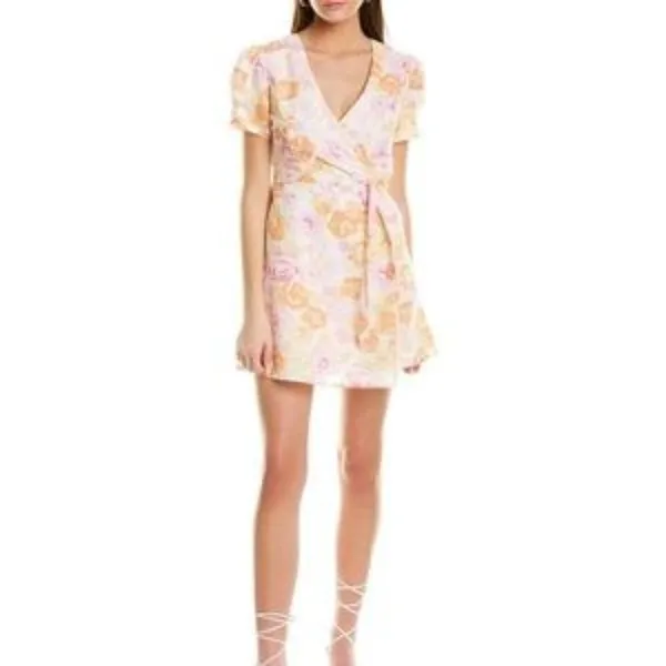 Charlie Holiday Calile Floral Wrap Mini Dress Linen Puff Sleeve Cottagecore - Image 2