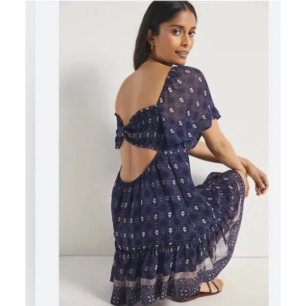 Maeve Anthropologie Blue Block Print Open Back Ruffle Mini Dress Large - Image 2