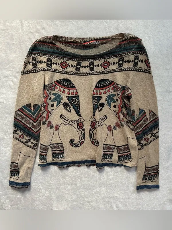Gaze Boho Elephant Knit Long Sleeve Top Size Medium Southwestern Festival - Image 2