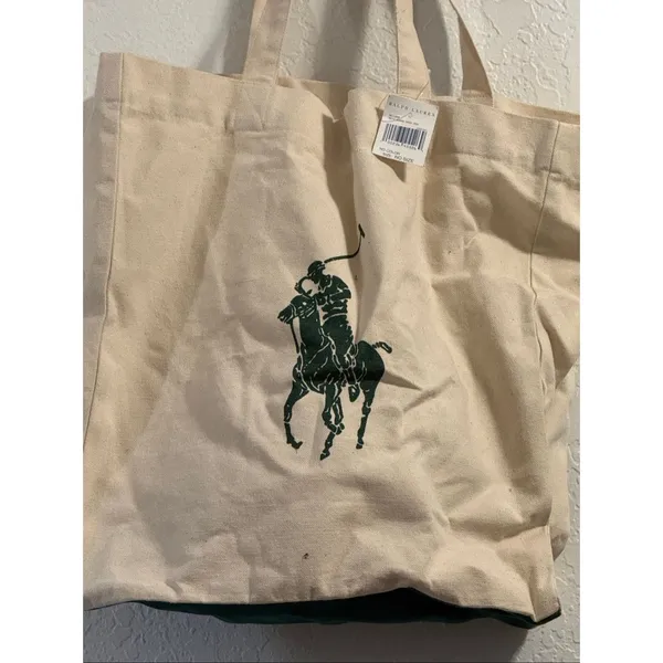 Polo Ralph Lauren Tote Bag 100% Cotton Canvas Green Logo Graphic Pony New - Image 2
