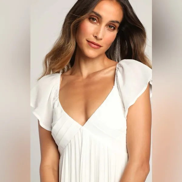 LULU’S Amalfi Coast White Pleated Flutter Sleeve Mini Dress - Image 3