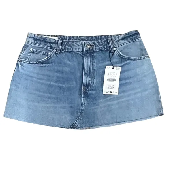 ZARA Denim Mini Skirt Womens Size L Blue Wash Button Closure 5-Pocket - Image 5