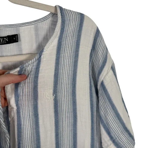 Lauren Ralph Lauren Blue Striped Blouse Coastal Preppy Cotton Gauze Womens Small - Image 3