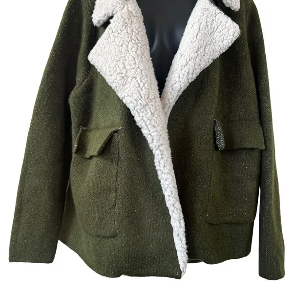 Zara Knit Olive Green Scherling Oversized Coat - Image 3