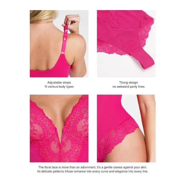 NWT Popilush Hot Pink Lace Deep V Sleeveless Shapewear Bodysuit Large - Image 3