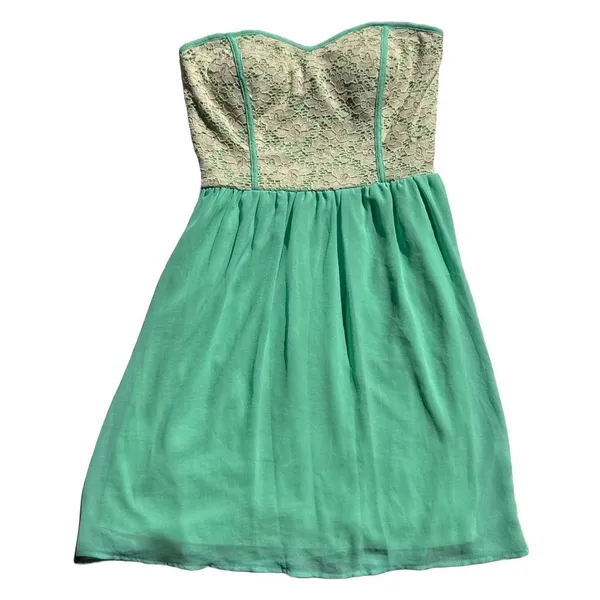 Buttons Mint Green & Ivory Lace Strapless Mini Dress Boho Sweetheart Skater Romantic M - Image 5