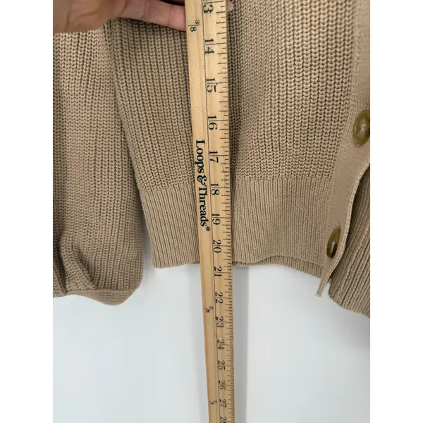 LOFT XS Tan Puff Sleeve Cardigan 100% Cotton V Neck Balloon Sleeve Sweater - Image 6