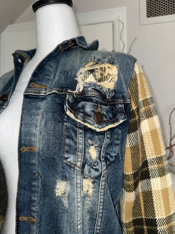 Distressed Patchwork Denim Jacket Blue Size XS - Image 6