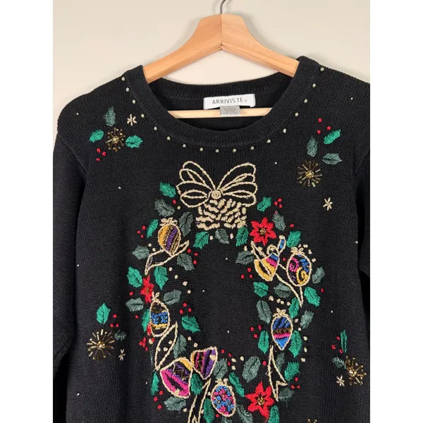 Arriviste Womens Black Embroidered Wreath Beaded Ugly Christmas‎ Sweater Small - Image 4