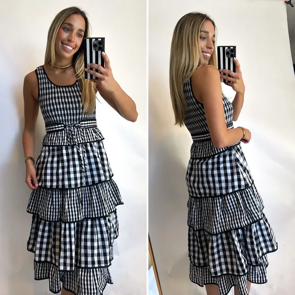 Hunter Bell Andrea Dress Black White Gingham Tiered Midi Size 6 NWT - Image 13