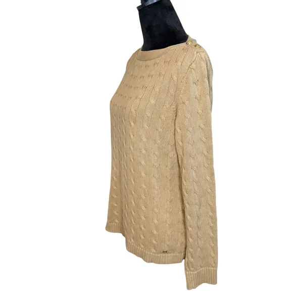Lauren Ralph Lauren Camel Cable Knit Sweater Gold Buttons XL Boat Neck Old Money - Image 4