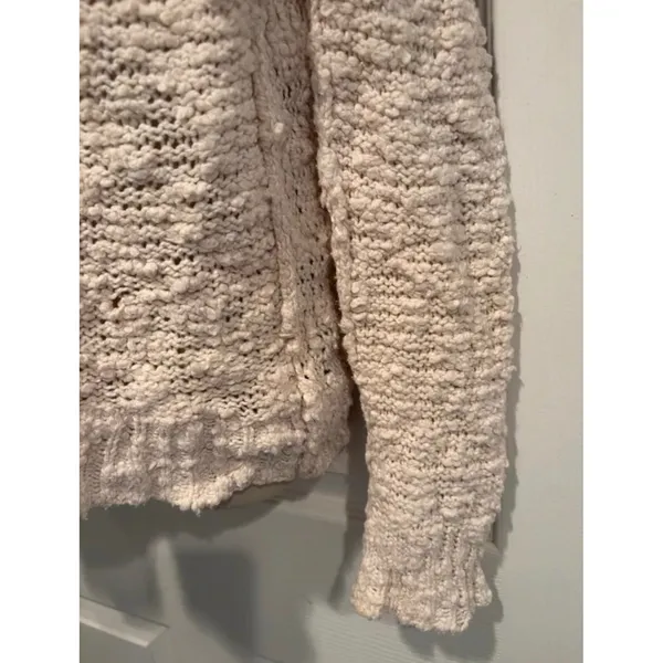 Free People Ivory V-Neck Popcorn Knit Cotton Blend Sweater Cream Small - Image 4