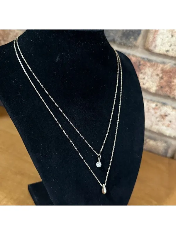 Double strand dainty gold tone necklace with teardrop pendant and rivoli stone - Image 3