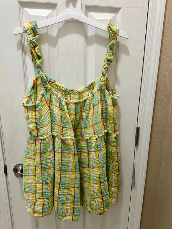 Anthropologie Plaid gauze Ruffle Mini Dress Boho Babydoll yellow size XL - Image 5