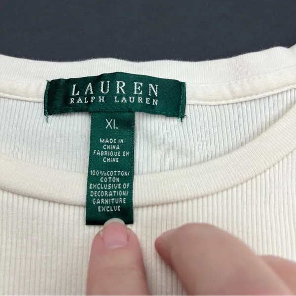 Lauren Ralph‎ Lauren Ribbed Top Cream Brown Faux Suede Patch Medium Western FLAW - Image 2