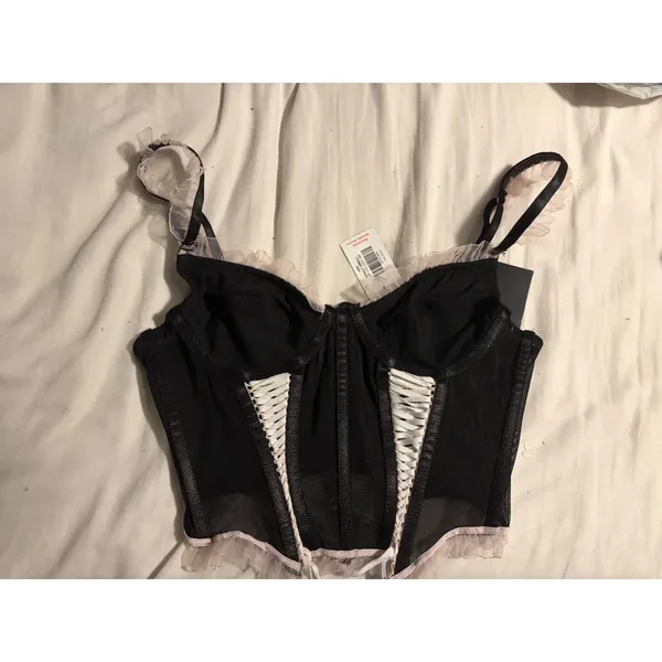 Spencer's Corset Top Goth Black Pink Lace Up Ruffle Trim NWT Small - Image 3