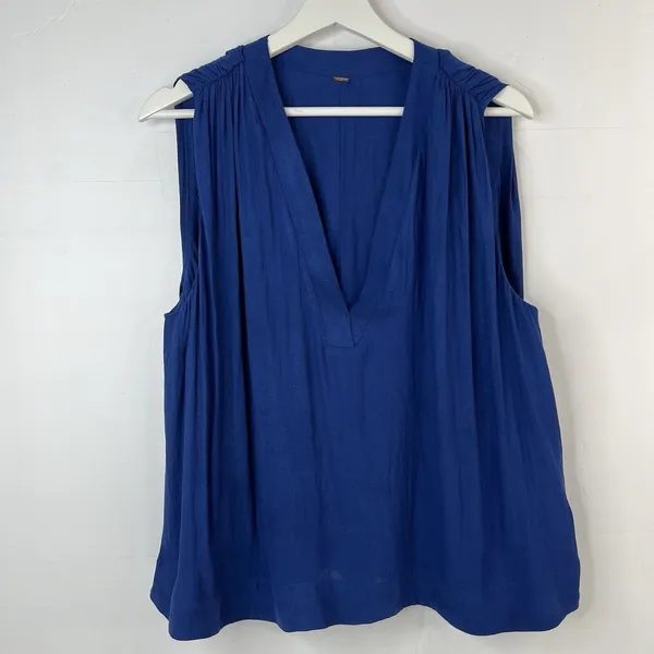 Free People Small Tank Top Pleated Back Boho V-Neck Oversized Royal Blue - Image 5