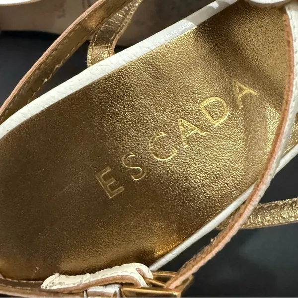 ESCADA Ivory White Leather Crystal Studded T-Strap Wedge Sandals Size 37 1/2 - Image 12