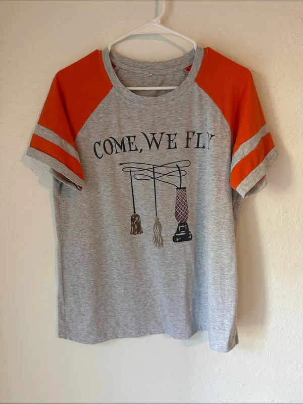 Women’s Grey & Orange Raglan Halloween Graphic Tee - "Come, We Fly" Size Ladge - Image 2