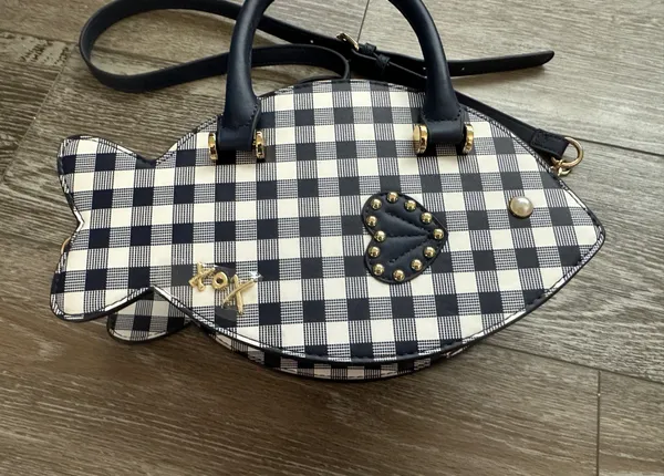 NWT Betsey Johnson Adorable Plaid Fish Handbag Crossbody Navy Blue & White - Image 5