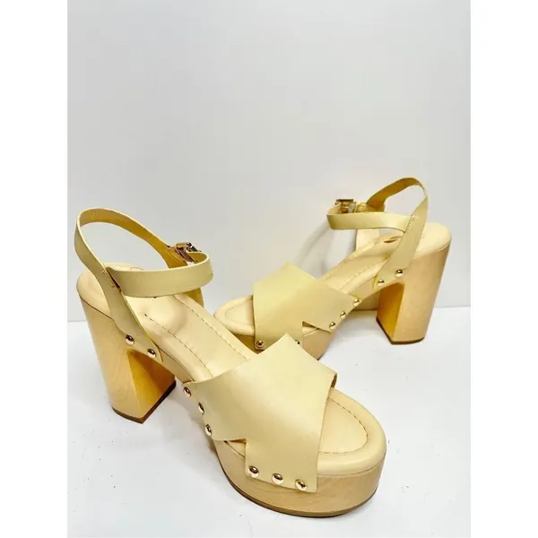 Sarto by Franco Sarto Wally Cream Leather Wood Platform Block Heel Sandals 9 - Image 4