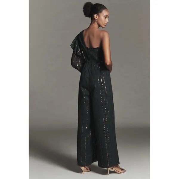 Farm Rio Anthropologie Green Metallic Striped One Shoulder Wide Leg Jumpsuit NEW - Image 9