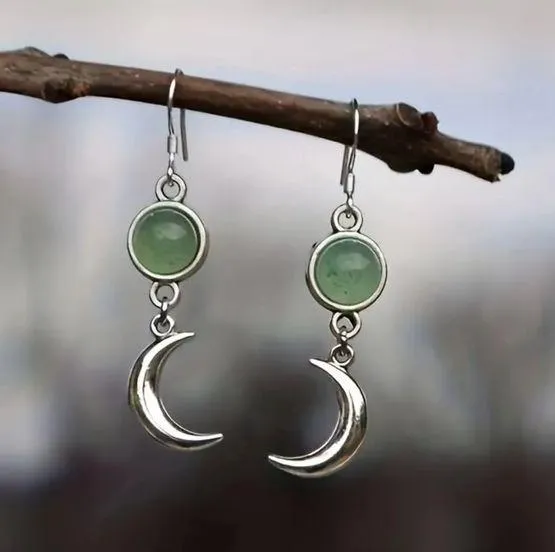 The Moon Stainless Steel Silver Vintage Green Stone Moon Shaped Earrings - Image 2