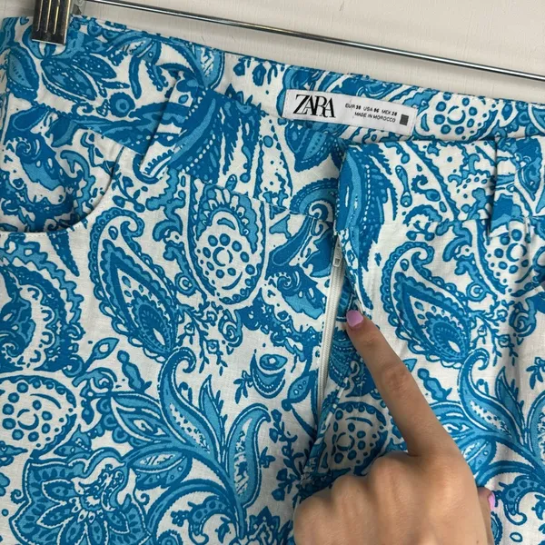 NWOT ZARA Linen Blend Trouser Pants Sz 6 Kick Flare Hem Blue Paisley Print - Image 7